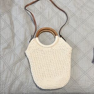 Zara Cream Woven Shoulder Bag with Wooden Handles